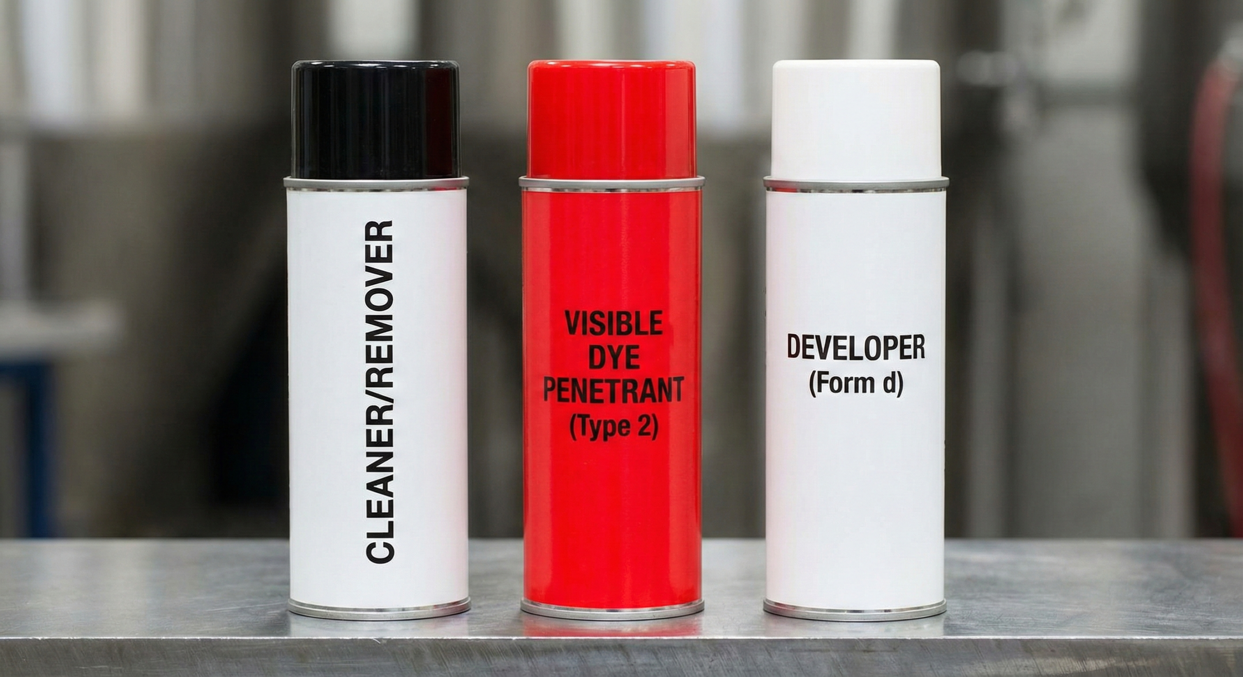A set of three aerosol cans for PT: cleaner, penetrant, and developer