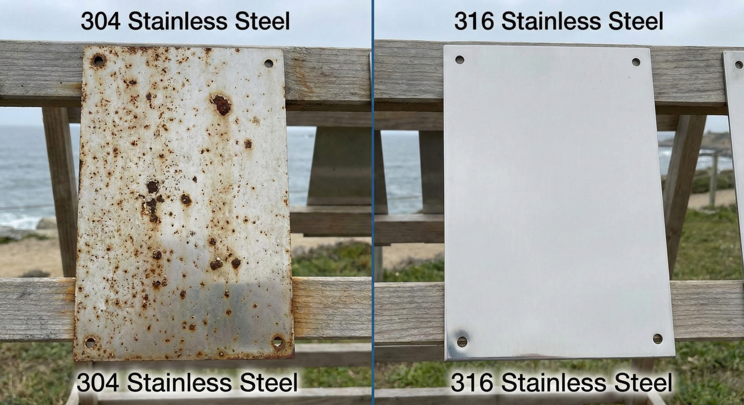Side-by-side comparison of 304 and 316 steel in a corrosive environment