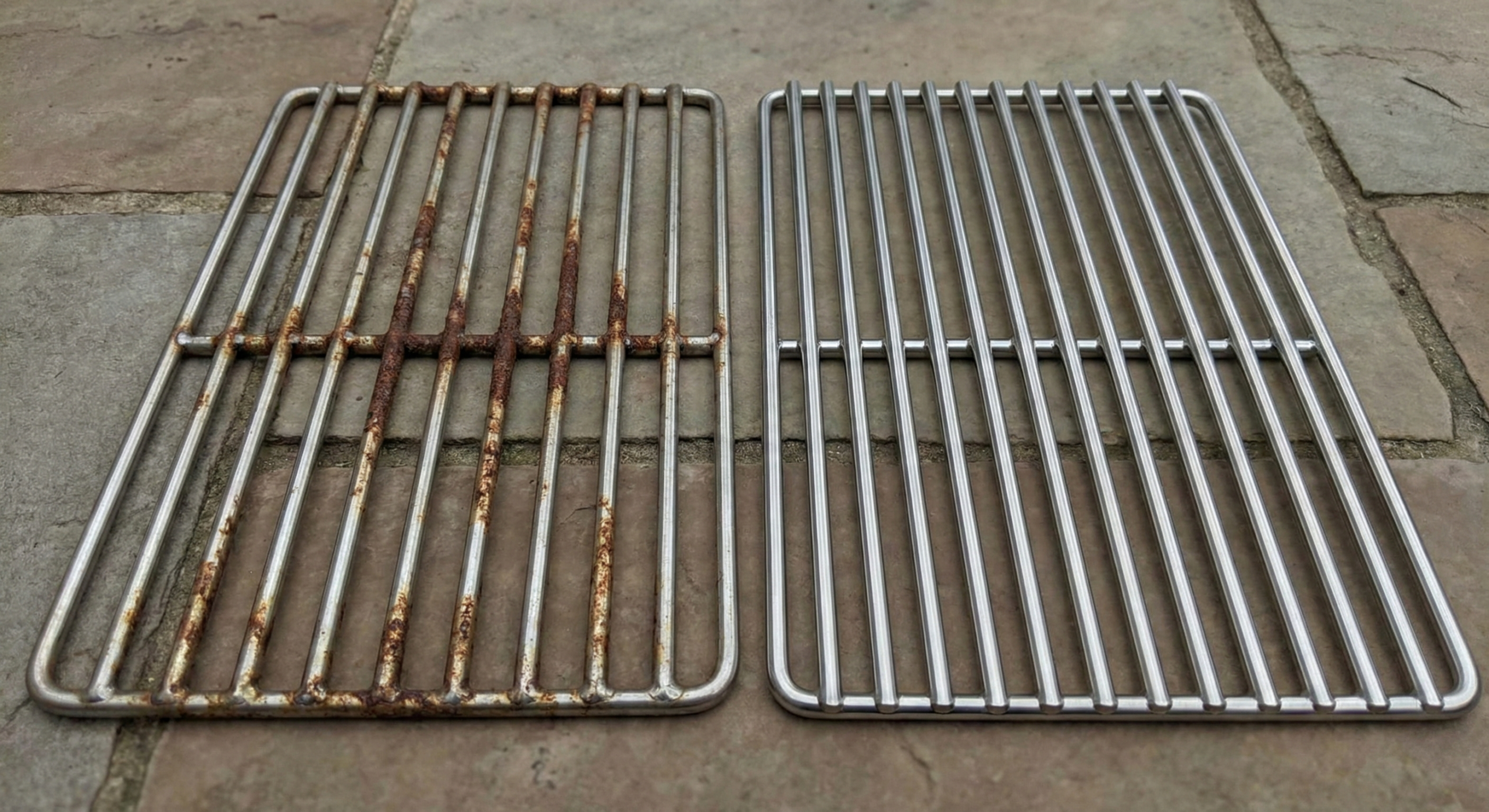 A rusty 201 stainless steel item next to a clean 304 item