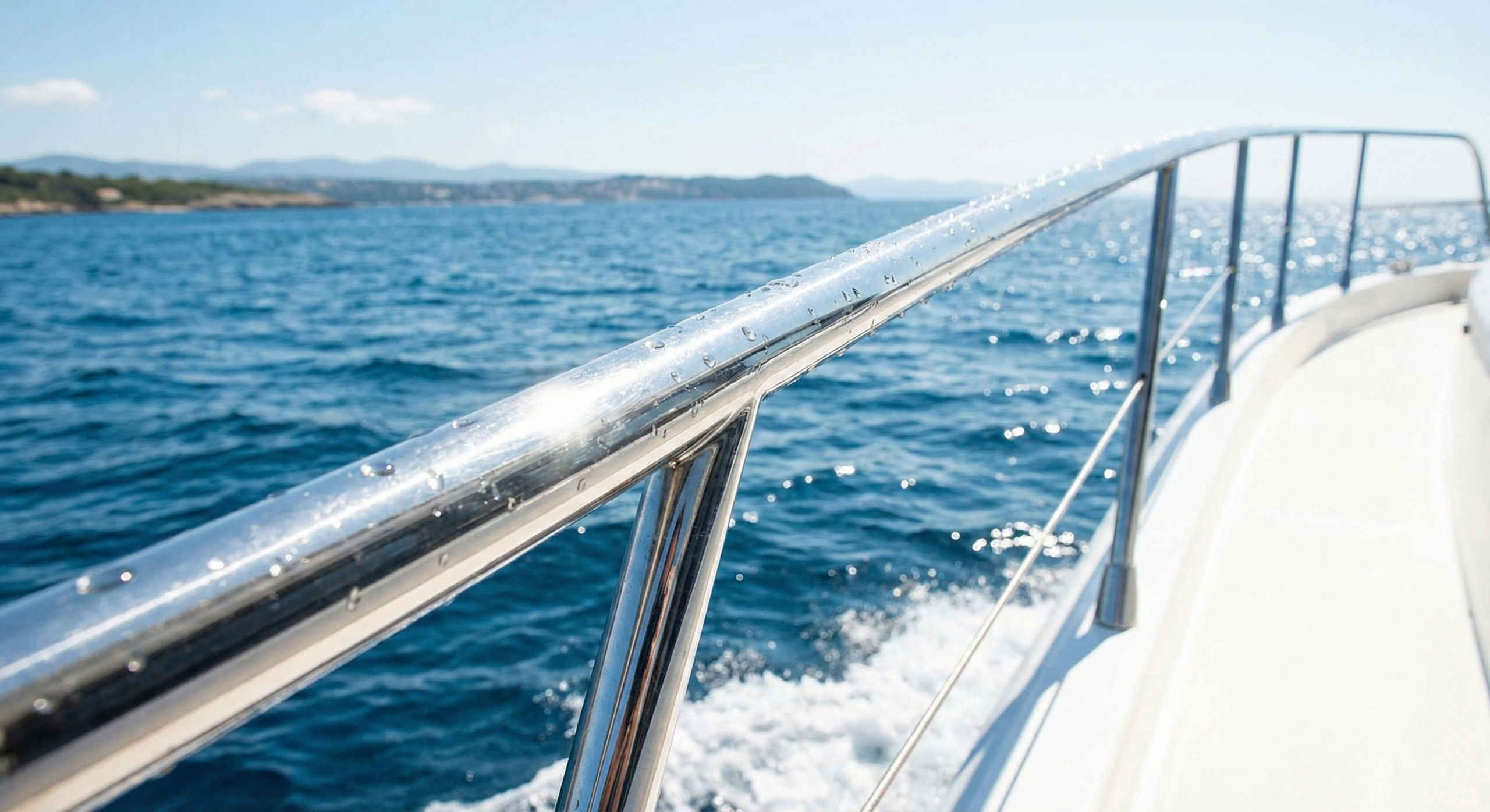 A shiny 316 stainless steel boat railing in a marine environment