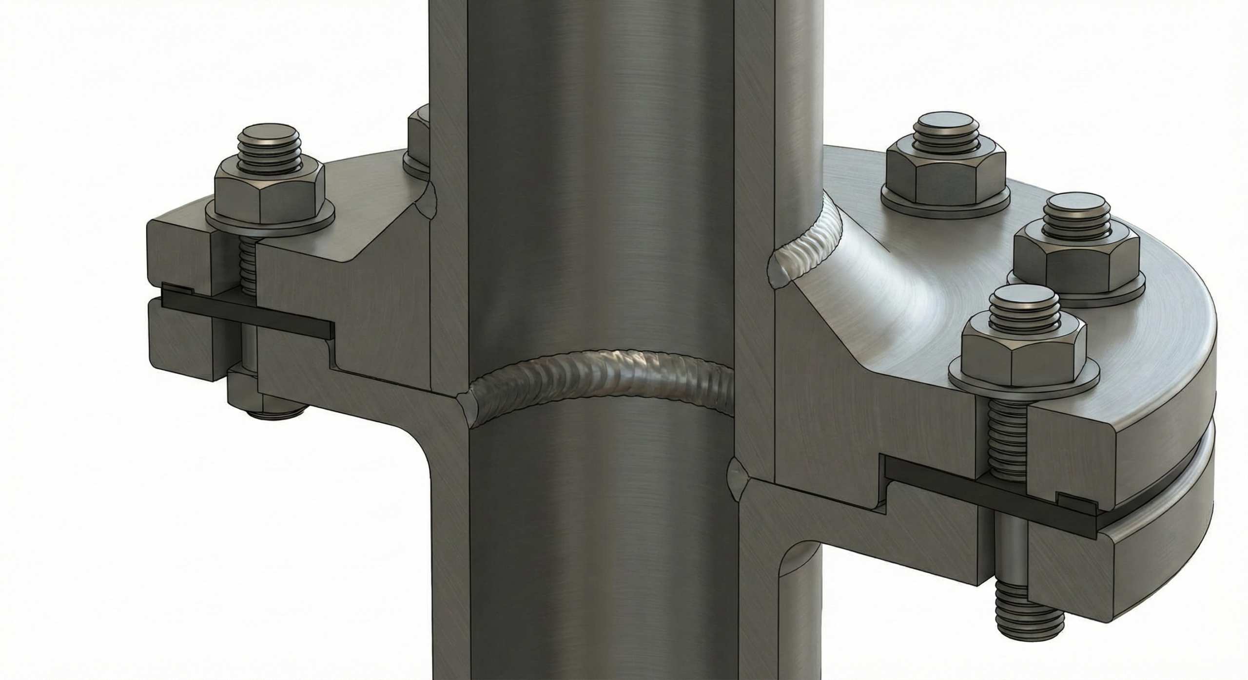 A slip-on flange being fitted over a stainless steel pipe