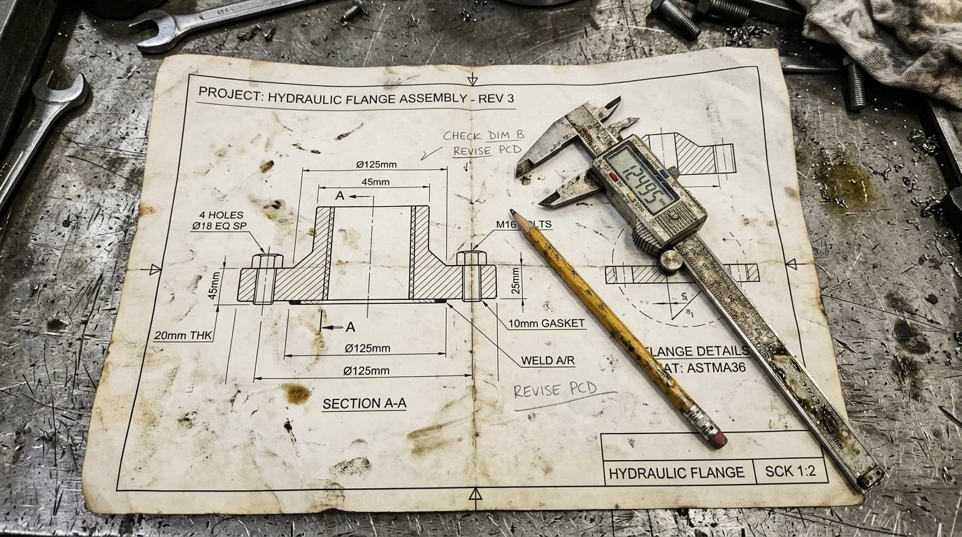 Technical drawing of a flanged pipe joint with dimensions